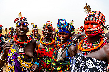 Traditional dressed women of the Jiye tribe, Eastern Equatoria State, South Sudan, Africa