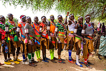 Traditional dressed young girls practising local dances, Laarim tribe, Boya Hills, Eastern Equatoria, South Sudan, Africa