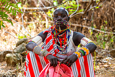 Traditional dressed young girl from the Laarim tribe, Boya Hills, Eastern Equatoria, South Sudan, Africa