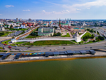 Aerial of the Kremlin, UNESCO World Heritage Site, Kazan, Republic of Tatarstan, Russia, Europe