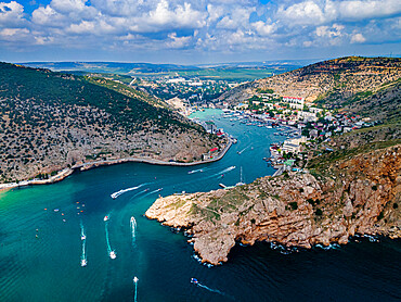 Aerial of the bay of Balaklava, Crimea, Russia, Europe