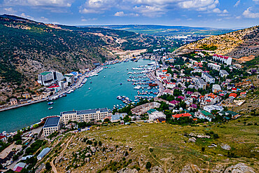 Aerial of the castle and bay of Balaklava, Crimea, Russia, Europe