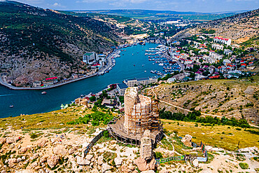 Aerial of the castle and bay of Balaklava, Crimea, Russia, Europe