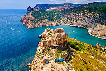 Aerial of the castle and bay of Balaklava, Crimea, Russia, Europe