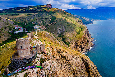 Aerial of the castle and bay of Balaklava, Crimea, Russia, Europe