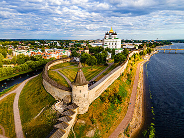 Aerial of the Kremlin of Pskov, UNESCO World Heritage Site, Pskov, Russia, Europe