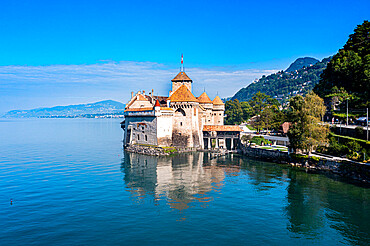 Aerial of Chillon Castle, Lake Geneva, Switzerland, Europe