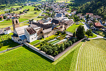 Aerial of the Benedictine Convent of St. John in Mustair, UNESCO World Heritage Site, Swiss Alps, Switzerland, Europe