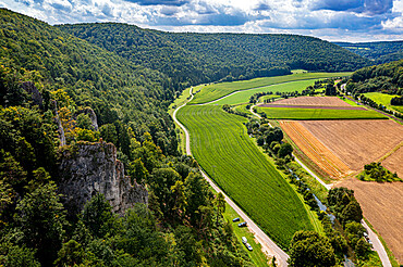 Aerial of the Geissenkloesterle, UNESCO World Heritage Site, Caves and Ice Age Art in the Swabian Jura, Baden-Wurttemberg, Germany, Europe