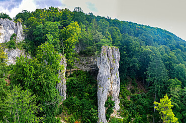 Aerial of the Geissenkloesterle, UNESCO World Heritage Site, Caves and Ice Age Art in the Swabian Jura, Baden-Wurttemberg, Germany, Europe