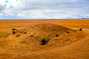 Aerial of Burial mound, Salbyksky Mound, Valley of the Kings, Republic of Khakassia, Russia, Eurasia