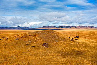 Aerial of Burial mound, Salbyksky Mound, Valley of the Kings, Republic of Khakassia, Russia, Eurasia