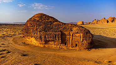 Aerial of the rock tombs, Madain Saleh (Hegra) (Al Hijr), UNESCO World Heritage Site, Al Ula, Kingdom of Saudi Arabia, Middle East