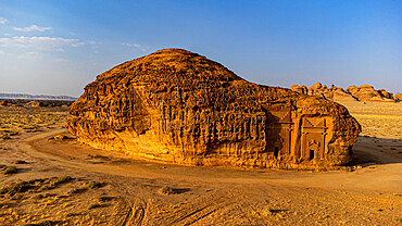 Aerial of the rock tombs, Madain Saleh (Hegra) (Al Hijr), UNESCO World Heritage Site, Al Ula, Kingdom of Saudi Arabia, Middle East