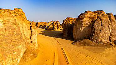 Aerial of a sandstone canyon, Al Ula, Kingdom of Saudi Arabia, Middle East