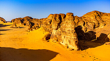 Aerial of a sandstone canyon, Al Ula, Kingdom of Saudi Arabia, Middle East