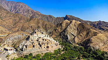 Aerial of Zee Al-Ayn (Thee Ain) historic mountain village, Kingdom of Saudi Arabia, Middle East