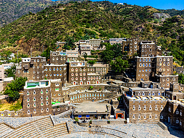 Aerial of Rijal Almaa mountain village, Asir Mountains, Kingdom of Saudi Arabia, Middle East