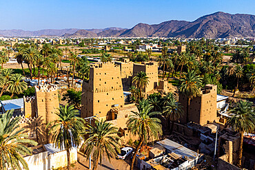 Aerial of traditional build mud towers used as living homes, Najran, Kingdom of Saudi Arabia, Middle East