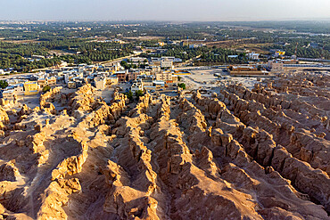 Aerial of the Al Qarah mountain, Al Ahsa (Al Hasa) Oasis, UNESCO World Heritage Site, Hofuf, Kingdom of Saudi Arabia, Middle East