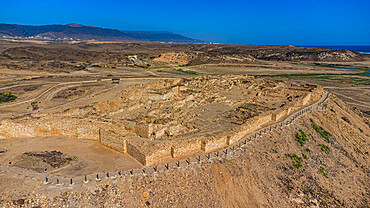 Aerial of the old Frankincense harbour Sumhuram, UNESCO World Heritage Site, Khor Rori, Salalah, Oman, Middle East