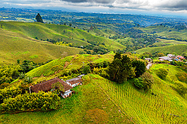 Aerial of Filandia, UNESCO World Heritage Site, Coffee Cultural Landscape, Quindio, Colombia, South America