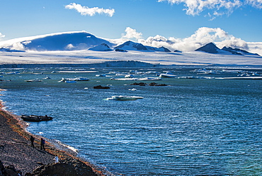 View over icebergs and the glaciers of Brown Bluff, Antarctica, Polar Regions