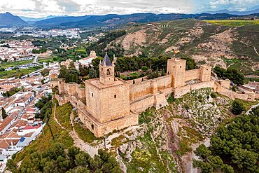 Aerial of the Antequera castle, Antequera, Andalusia, Spain