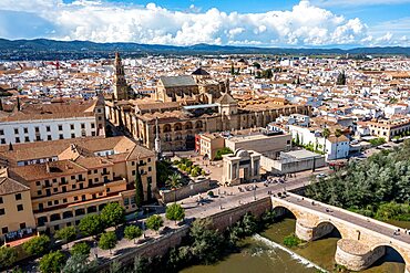 Aerial of the Historic Roman San Rafael Bridge, Cordoba, Andalusia, Spain