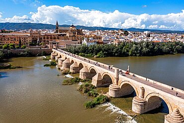 Aerial of the Historic Roman San Rafael Bridge, Cordoba, Andalusia, Spain