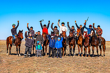 Group of Kokpar players posing for the camera, national horse game, Kazakhstan, Central Asia, Asia