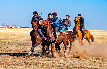 Men practising Kokpar, national horse game, Kazakhstan, Central Asia, Asia