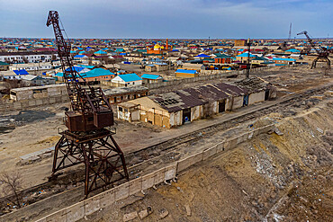 Aerial of the Aral Lake and Aralsk, with its rusty cranes, Aral lake, Kazakhstan, Central Asia, Asia