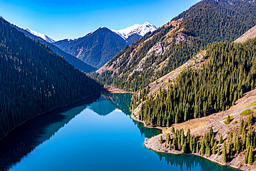 Aerial of the Lower Kolsai Lake, Kolsay Lakes National Park, Tian Shan mountains, Kazakhstan, Central Asia, Asia