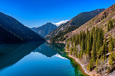 Aerial of the Lower Kolsai Lake, Kolsay Lakes National Park, Tian Shan mountains, Kazakhstan, Central Asia, Asia