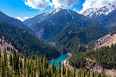 Aerial of the Kaindy Lake with its dead trees, Kolsay Lakes National Park, Tian Shan mountains, Kazakhstan, Central Asia, Asia