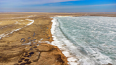 Aerial of Lake Tengiz, Korgalzhyn Nature Reserve, Saryarka, Steppe and Lakes of Northern Kazakhstan, UNESCO World Heritage Site, Kazakhstan, Central Asia, Asia