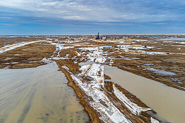 Aerial of an old wheat farm in the semi frozen earth, South of Kostanay, northern Kazakhstan, Central Asia, Asia