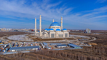 Aerial of the Grand Mosque, Nur Sultan, formerly Astana, capital of Kazakhstan, Central Asia, Asia