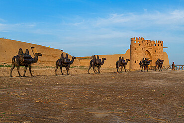 Bronze Camel caravan statues, Otrartobe settlement, Turkistan, Kazakhstan, Central Asia, Asia