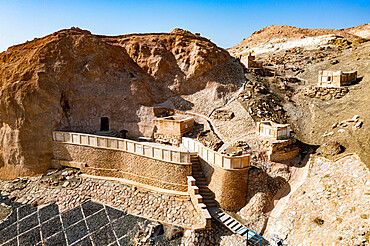 Aerial of Beket-Ata Underground Mosque, Mangystau, Kazakhstan, Central Asia, Asia