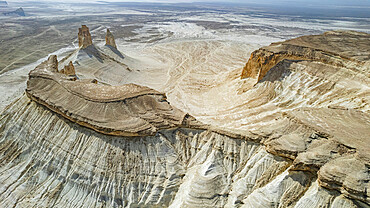 Aerial of Bozzhira Canyon, Ustyurt plateau, Mangystau, Kazakhstan, Central Asia, Asia