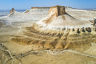 Aerial of Bozzhira Canyon, Ustyurt plateau, Mangystau, Kazakhstan, Central Asia, Asia