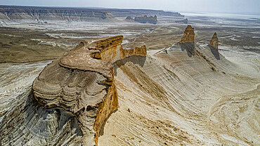 Aerial of Bozzhira Canyon, Ustyurt plateau, Mangystau, Kazakhstan, Central Asia, Asia