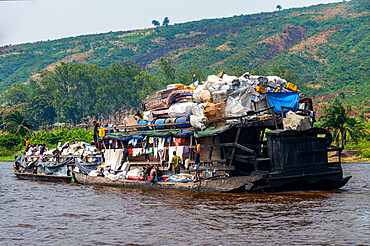 Overloaded riverboat on the Congo River, Democratic Republic of the Congo, Africa