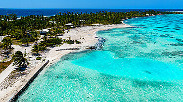 Aerial of a Coral beach, Hikueru, Tuamotu archipelago, French Polynesia, South Pacific, Pacific