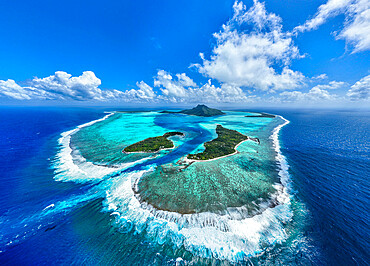 Aerial of the lagoon of Maupiti island, Society Islands, French Polynesia, South Pacific, Pacific