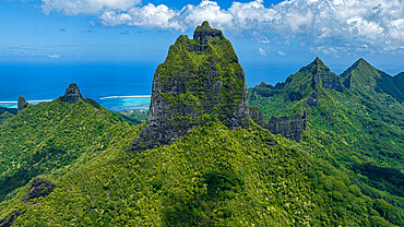 Aerial of the rugged peaks of Moorea (Mo'orea), Society Islands, French Polynesia, South Pacific, Pacific