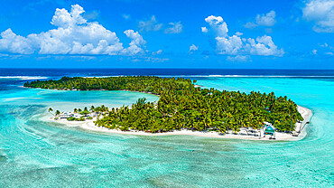 Aerial of a little islet with a white sand beach, Maupiti, Society Islands, French Polynesia, South Pacific, Pacific