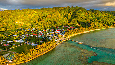 Aerial of Avera, Rurutu, Austral islands, French Polynesia, South Pacific, Pacific